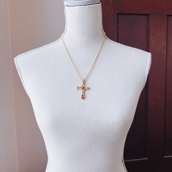 Signed JBK Camrose & Kross 18K Plated Byzantine Jasper Gemstone Cross Necklace - Picture 2 of 15